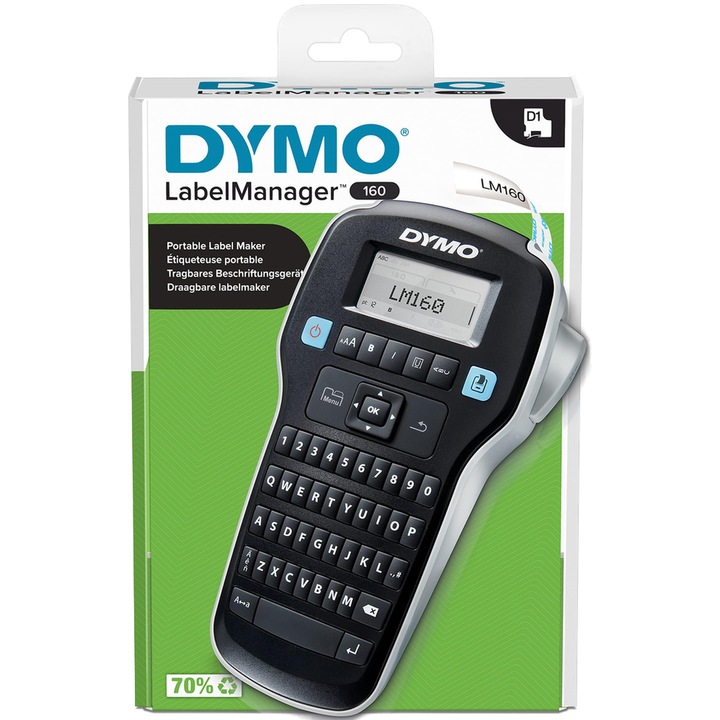 Dymo Labelmanager 160 címkenyomtató, hordozható, Qwerty billentyűzet, fekete-fehér, 12 mm