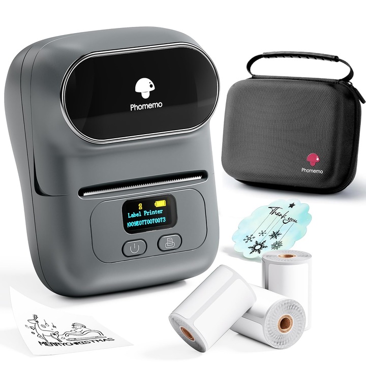 Phomemo M110 címkenyomtató, Bluetooth hőcímkekészlet, szürke, hordozható, kisvállalkozásoknak, 3 címketekercs, 1 hordtáska