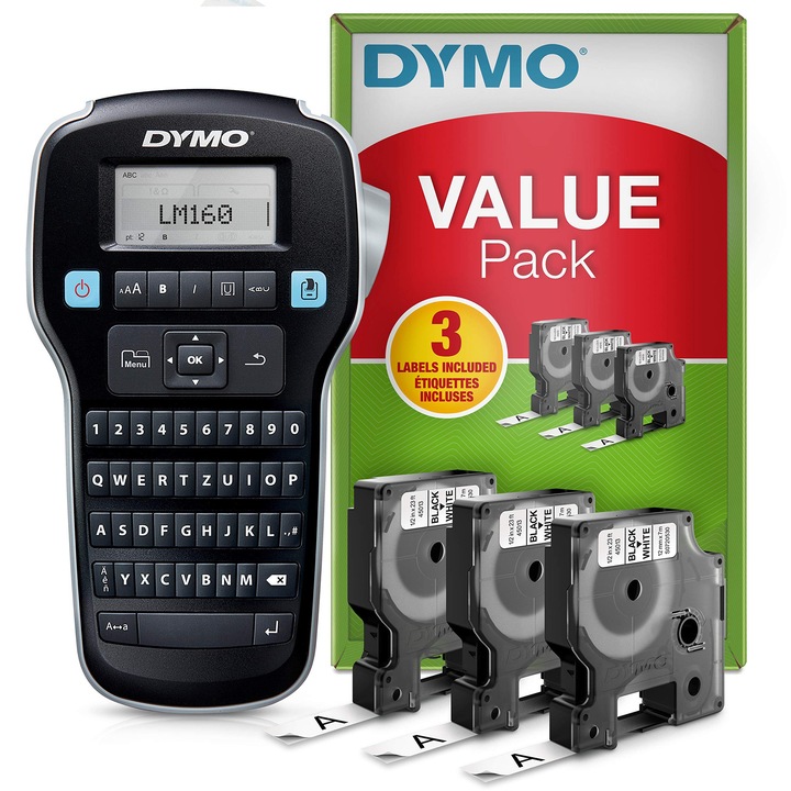 Dymo Labelmanager 160 hordozható címkenyomtató kezdőkészlet, 3 tekercses készlet, D1 címkék 6x9x12mm, Qwertz