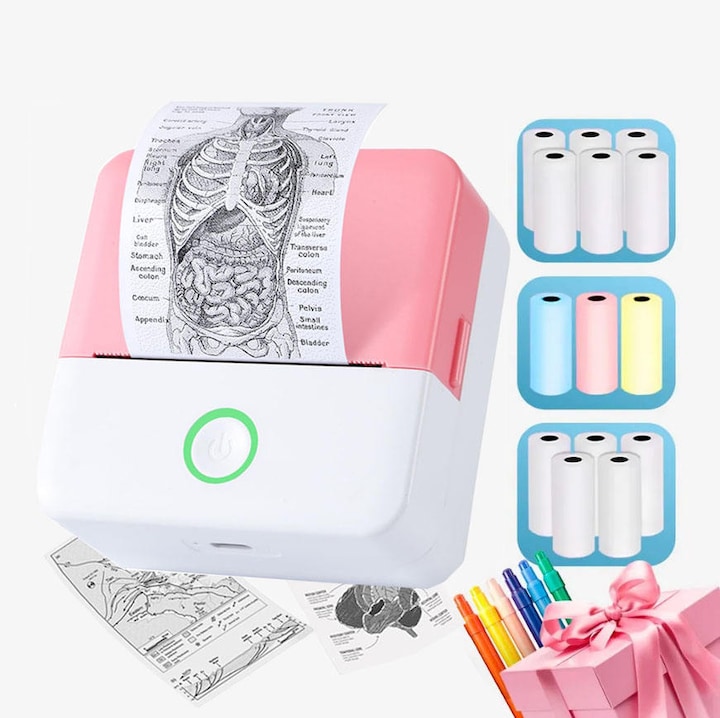 Mini imprimanta Bluetooth de buzunar - imprimanta termica portabila cu rola de hartie pentru jurnal/album DIY/calatorii/note/liste/etichete/memo, cadouri pentru copii, Craciun