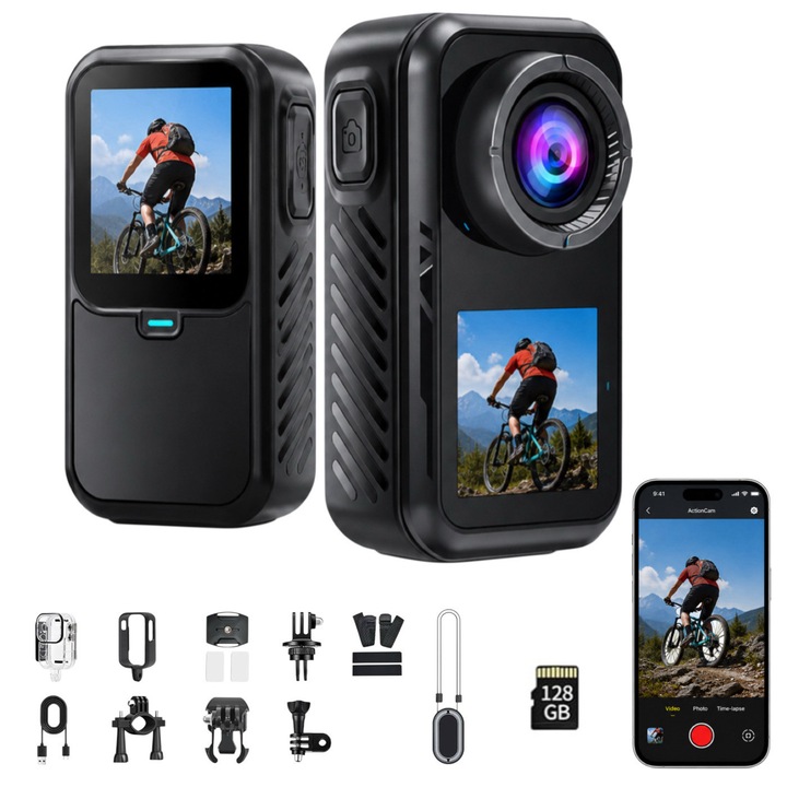 Camera sport 5K Ultra HD FAMIFY, Dual Screen Tactil 1.3”, WiFi, Stabilizare 6 Axe, Unghi 130°, Pre-inregistrare 10s, Slow Motion, Timelapse, Card 128GB inclus, Rezistent la apa