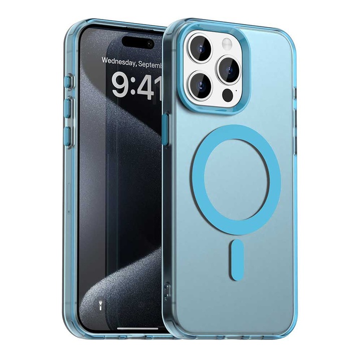 Калъф за Apple iPhone 15 Pro Max DaDen® CandyCase MagSafe, Удароустойчив, Безжично зареждане, Защитени бутони, Син