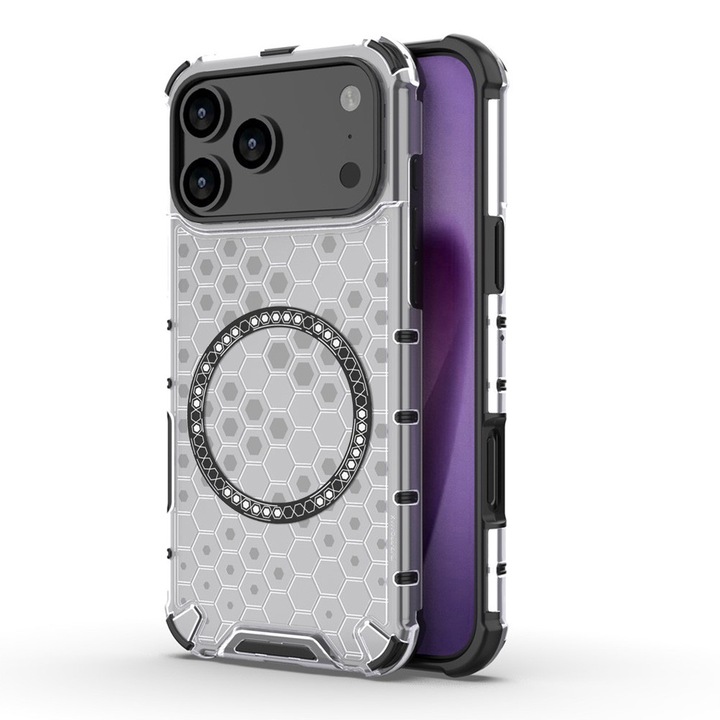 Прозрачен калъф за iPhone 17 Pro, HoneyComb Shield MagSafe, S54, Метал, Бял
