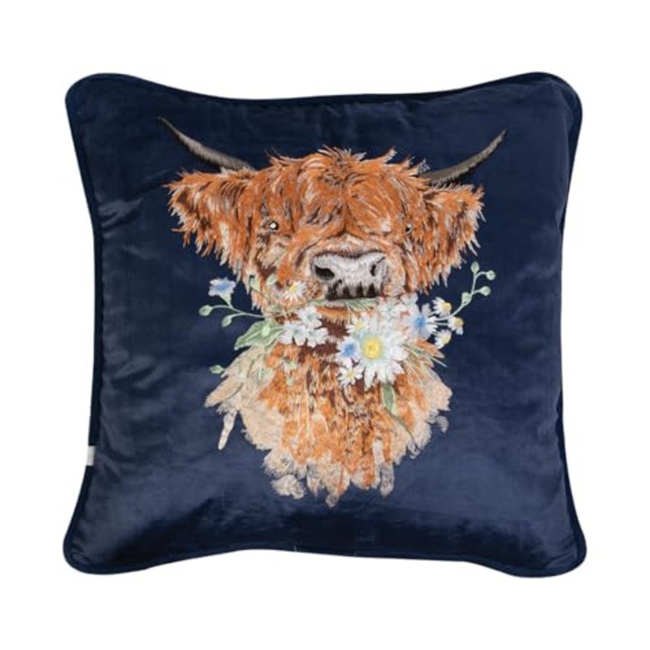 Wrendale Designs hímzett párna, skót tehénminta "Daisy Coo", közepes, poliészter