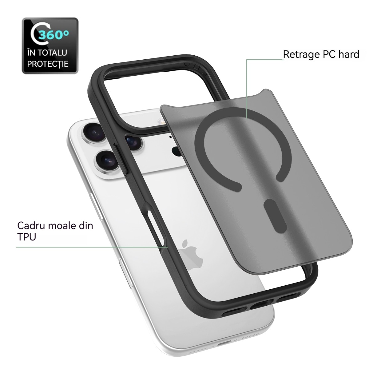 Husa de Protectie, YSBER®, Compatibila Apple iPhone 17 Pro, Rezistent la zgarieturi, Rezistent la socuri, MagSafe, Usor de instalat, Negru