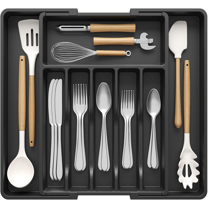 Organizator Pentru Tacamuri Si Ustensile De Bucatarie, Extensibil Multifunctional，pentru Sertar, Ustensile de Gatit, Suport Ajustabil pentru Tacamuri, Separator pentru Spatule si Unelte de Bucatarie, Spatios, Negru, Tava tacamuri Plastic 8