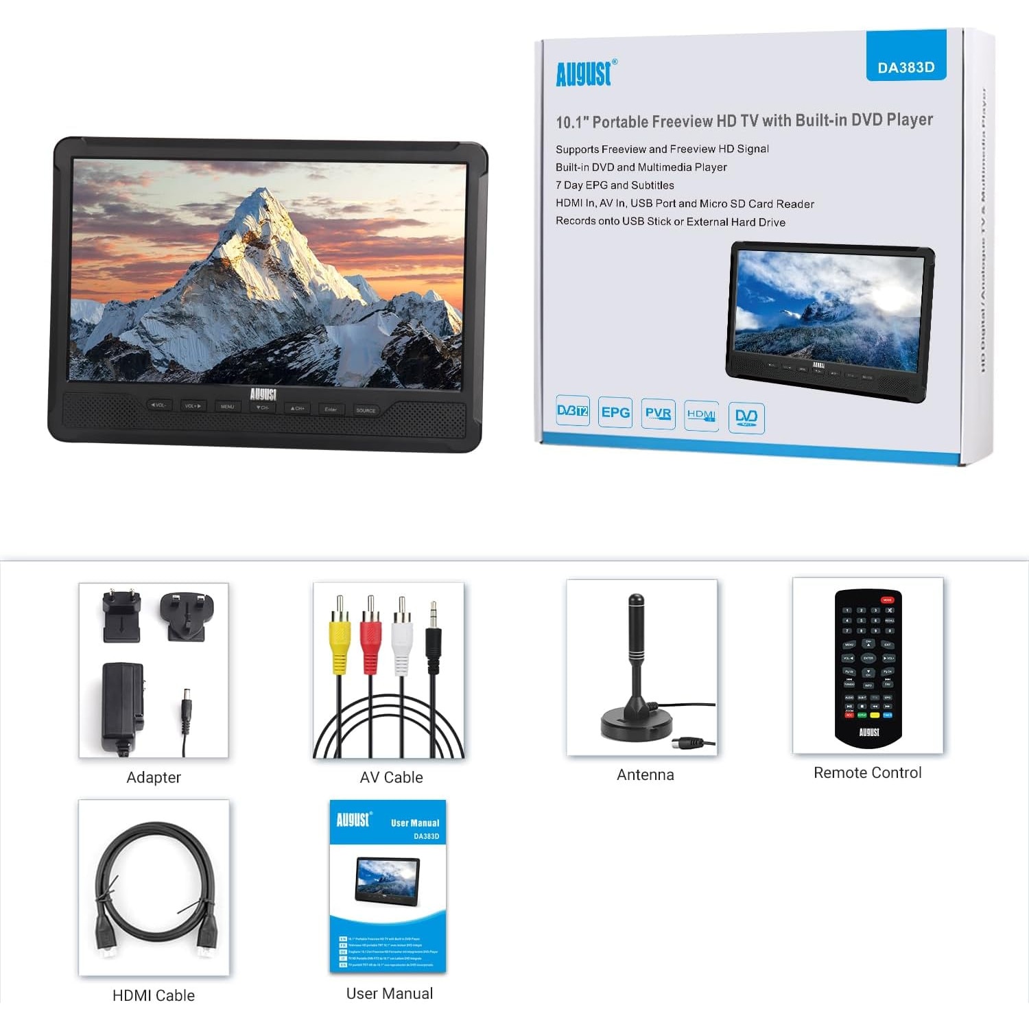 August DA383-10 - Televizor portabil HD de 10 inch cu DVD Player