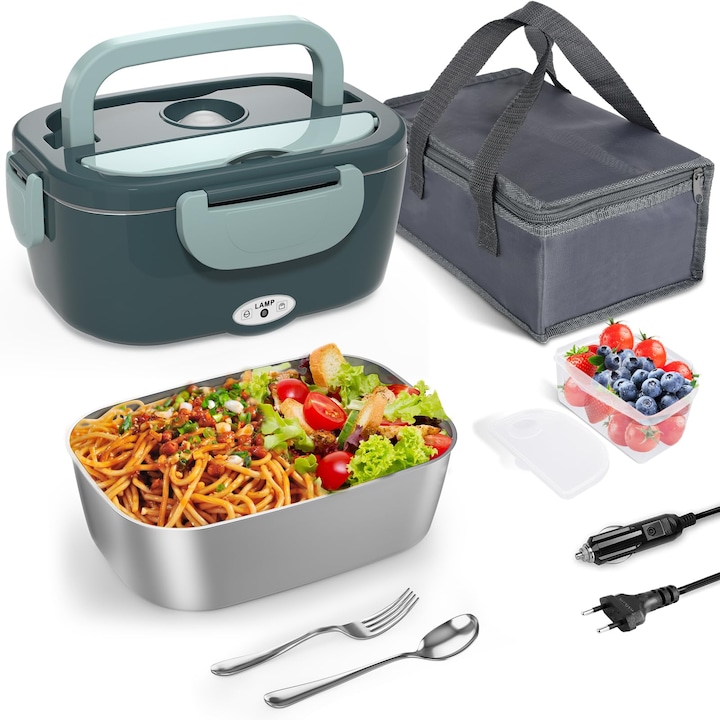 Cutie de pranz electrica, 1.5L inox detasabil, 80W, reutilizabil, Portabila, incalzire rapida, usor de curatat, pentru birou, masina, camion, OUYLAF