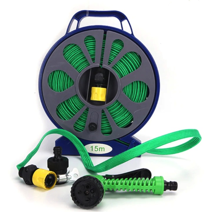 Permetezőkészlet, 15 m-es flexibilis textil tömlő dobbal, 7 az 1-ben szórópisztollyal