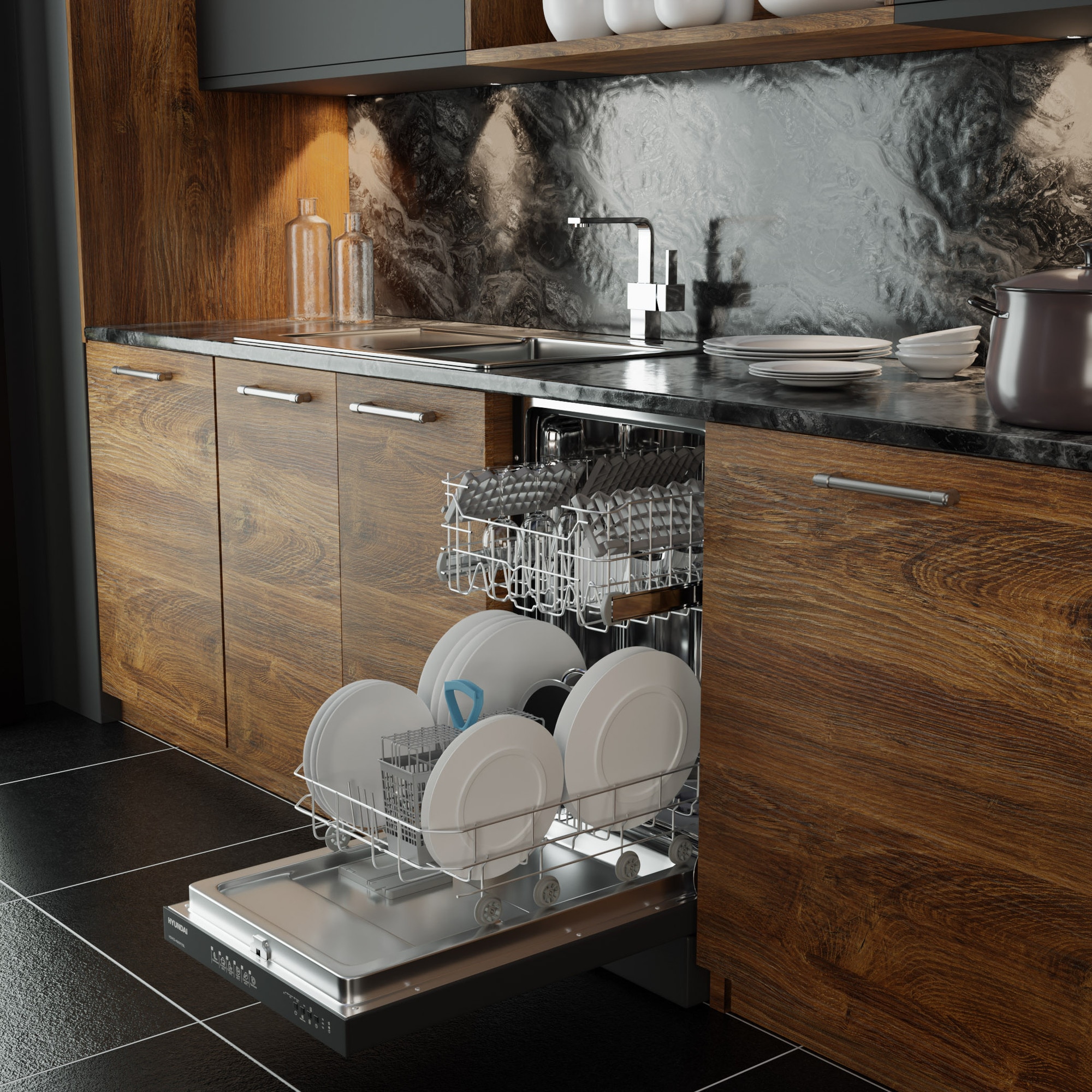 Masina de spalat vase Hyundai HDW22-4560FF/BL, 45cm, Clasa E, panou de control in limba greaca, Negru