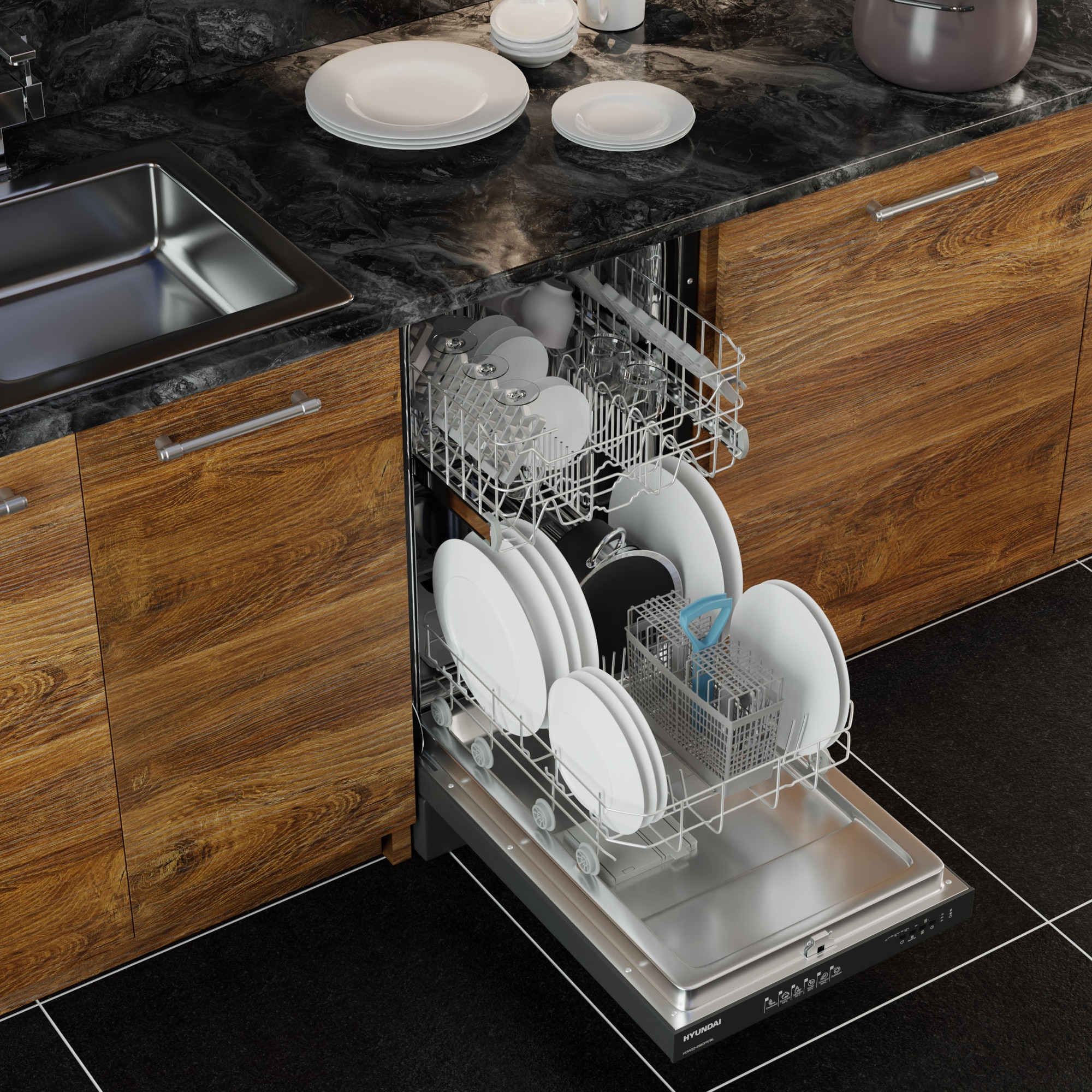 Masina de spalat vase Hyundai HDW22-4560FF/BL, 45cm, Clasa E, panou de control in limba greaca, Negru