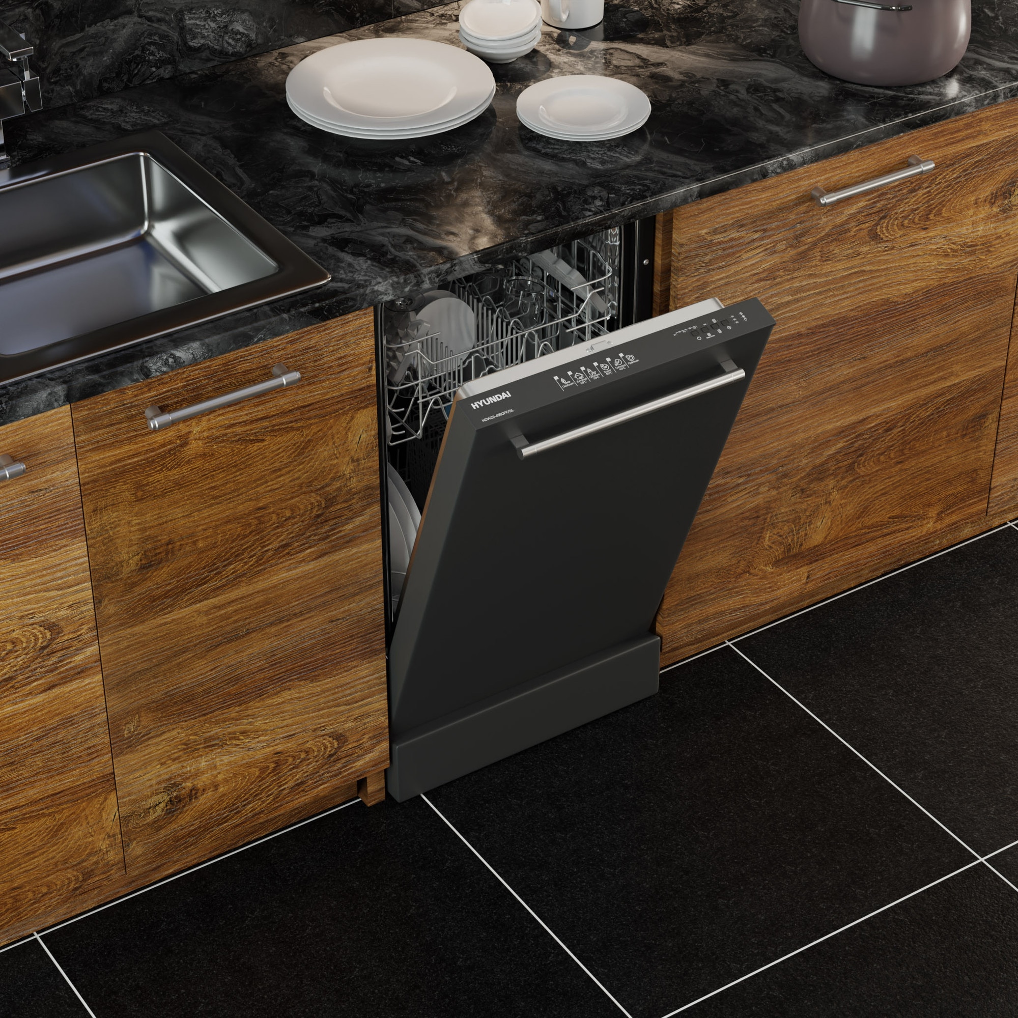 Masina de spalat vase Hyundai HDW22-4560FF/BL, 45cm, Clasa E, panou de control in limba greaca, Negru