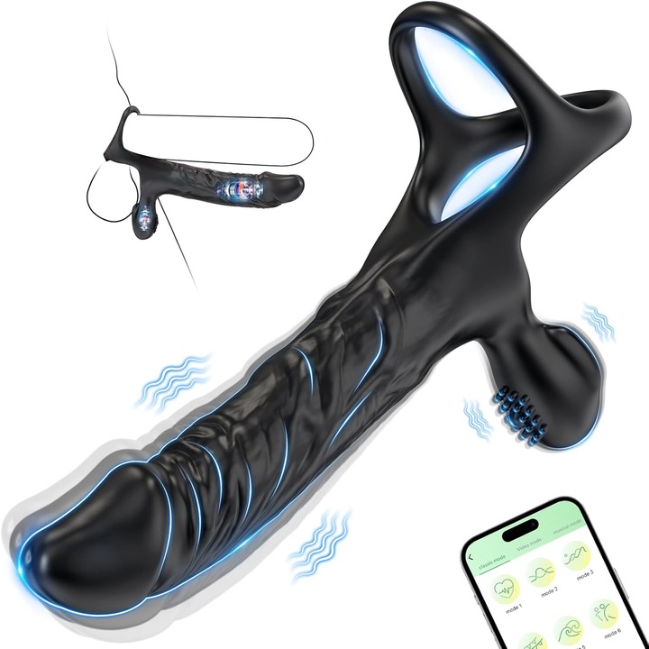 LONZYON anális dildó vibrátorral, 10 vibrációs mód, szilikon, fekete, szett péniszgyűrűvel