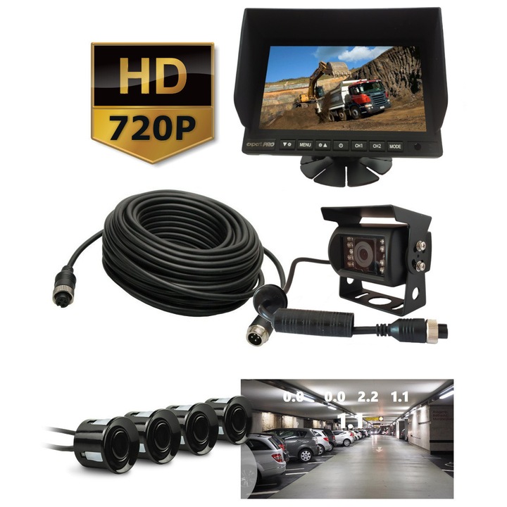 Set camera de marsarier 720P, expert PRO, monitor AHD 7", 3 intrari, senzor de parcare, cablu 10m, culoare neagra