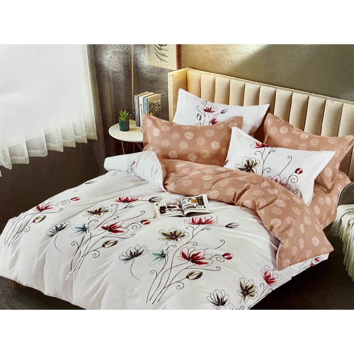 Lenjerie de pat 6 piese, Super Elegant Pucioasa, Bumbac Tip Finet, floral, Multicolor, 230x250cm, 200x230cm, 50x70cm, 70x70cm