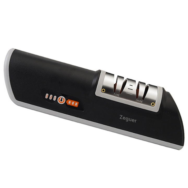 Ascutitor de cutite electric, Zeguer, ascutire aspra si fina, Fund antiderapant, 3 viteze, Alimentat de 3 baterii alcaline, Negru