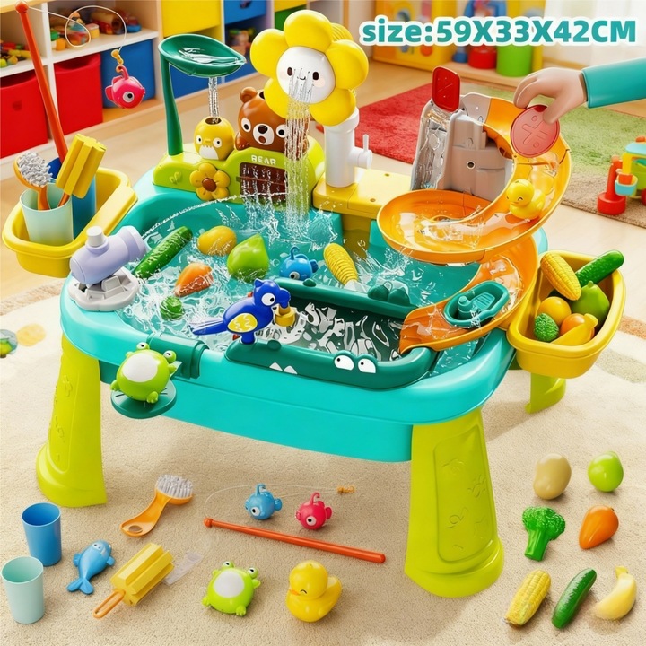 Parc acvatic de Jucarie pentru Copii, MOSMAOO®, Chiuveta Interactiva pentru Copii 4-in-1, Pescuit, Apa Circulanta, Apa Circulanta, Tobogan, 59X33X42CM, Verde