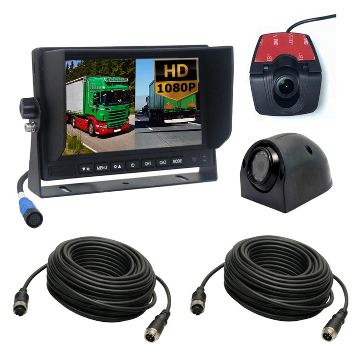 Monitor 7" Heavy Duty DVR cu functie de inregistrare, camera frontala, laterala, rezolutie 720P, suport 2 camere, set