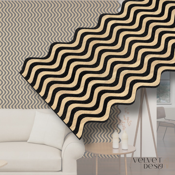 Riflaj decorativ Armonico Line, panou acustic din lamele MDF cu furnir natural si fetru PET, efect 3D, culoare Stejar Royal, 2400 x 600 x 18 mm, 1.44 mp suprafata acoperita, atenuare zgomot 80% (NRC 0.8), Velvet Design