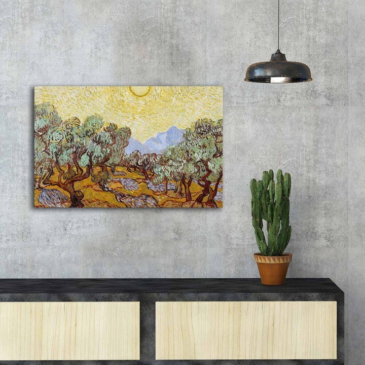 Van Gogh olajfák 1889 dekoratív vászonfestmény, 45 x 70 cm, 100% velúr vászon, 100% fa keret (3 cm vastag) | Elegáns művészet lakberendezéshez