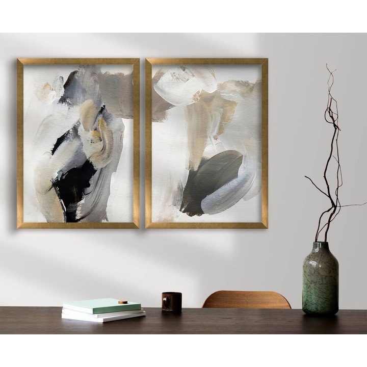 Elegáns dekoratív keretes MDF festmények (2 db), 38 x 53 cm | 100% MDF és fa keret, fekete, szürke és bézs | Tökéletes a modern lakberendezéshez