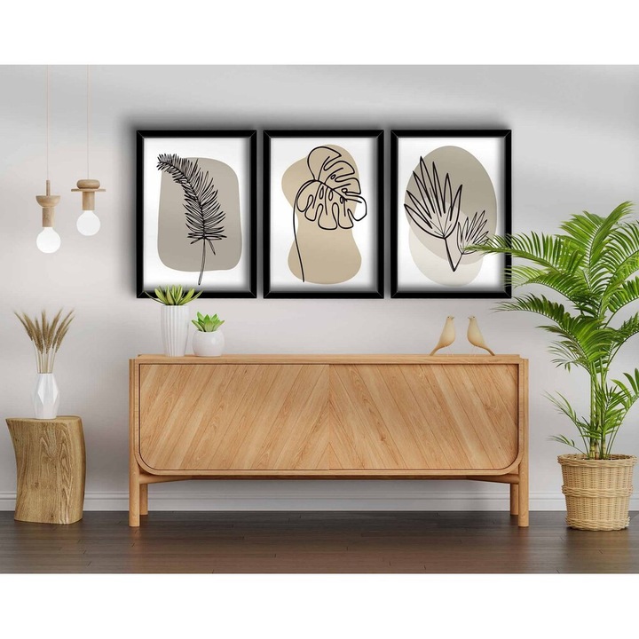Elegáns dekoratív keretes MDF festmények (3 db), 38 x 53 cm | 100% MDF és fa keret, bézs, fehér és fekete | Tökéletes lakberendezési és modern terek számára