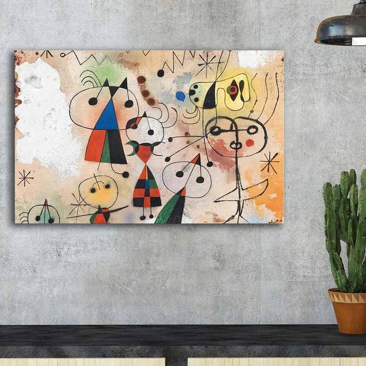 Dekoratív vászonfestmény - Joan Miró Harlekin karneválja, 45 x 70 cm, 100% velúr vászon, 100% fa keret (3 cm vastag) | Elegáns művészet lakberendezéshez