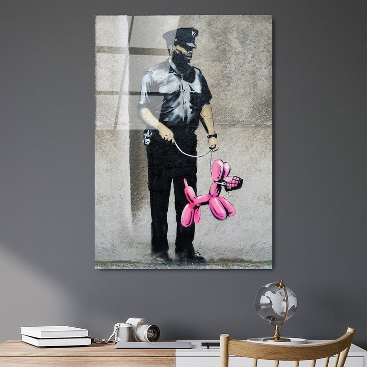 Banksy dekoratív edzett üvegfestménye, 45 x 65 cm, 100% edzett üveg, 4 mm vastag, Stílusos falfestmény modern otthonokba és irodákba
