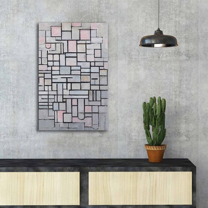 Piet Mondrian dekoratív vászonfestménye, 'Composition 6' (45 x 70 cm) | 100% velúr vászon, 100% fa keret (3 cm) | Elegáns művészet modern terekhez