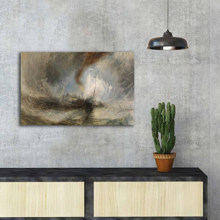 Joseph Mallord elegáns dekoratív vászonfestménye, „Hóvihar” | 45 x 70 cm | 100% velúr vászon, 100% fa keret (3 cm vastag) | Tökéletes otthoni dekorációhoz