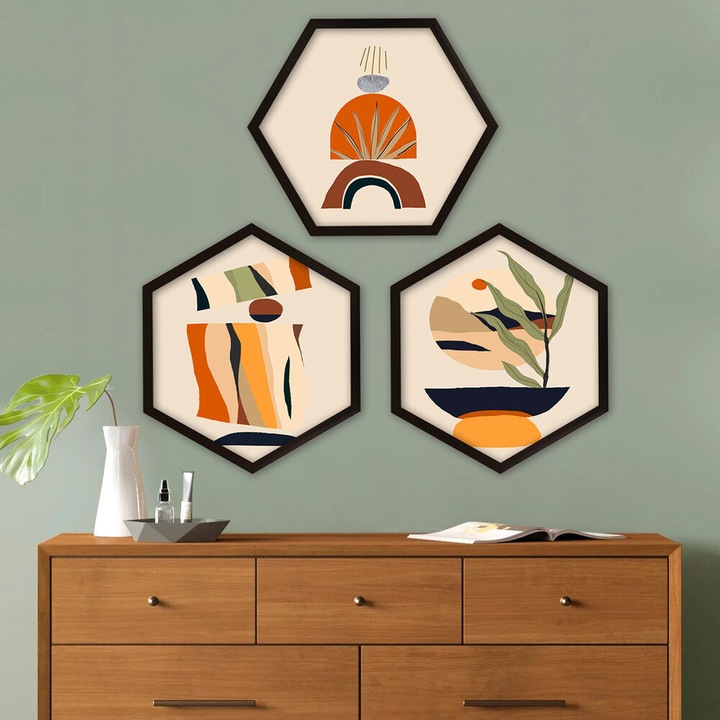 Elegáns dekoratív keretes festőkészlet (3 db), 35 x 35 cm, 100% MDF, 2 cm Vastag, Stílusos falfestmény otthoni és irodai dekorációhoz, modern design