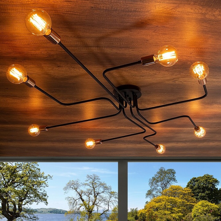 Candelabru industrial modern, corp metalic negru, diametru 190 cm x înălțime 15 cm | 6 dulii E27 (max. 40 W) | Iluminat elegant pentru acasă și la birou, design elegant, în culori solide, grad de protecție IP20