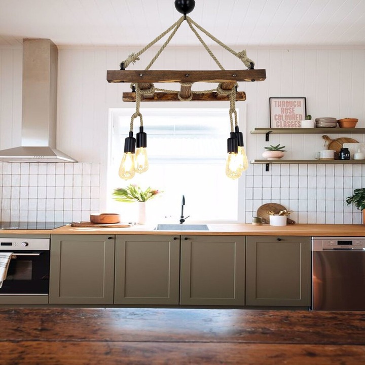 Candelabru din nuc lucrat manual, 80 x 34 x 60 cm, 100% pin masiv, 4 x E27 Max 40W, IP20