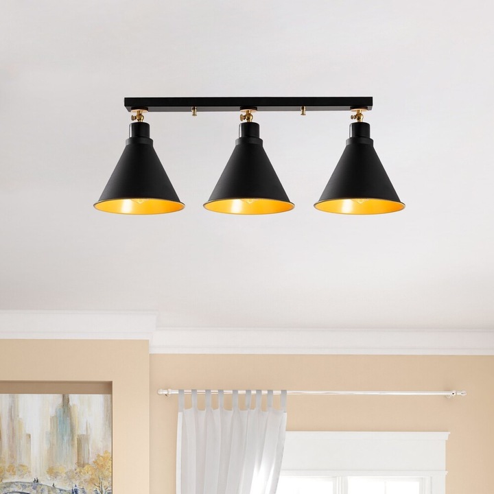 Candelabru industrial modern, corp metalic negru, diametru 72 cm x înălțime 26 cm | 3 x E27 Max 40W | Design scandinav elegant pentru casă și birou | Bază 60 x 6 cm, grad de protecție IP20