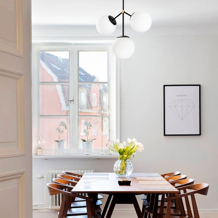 Модерен полилей с метално тяло и стъклен абажур, 43 x 15 см, височина 43 см | 3 x E27 Max 40W | Стилен черно-бял дизайн, идеален за скандинавски домашен декор | Включва инструкции за монтаж