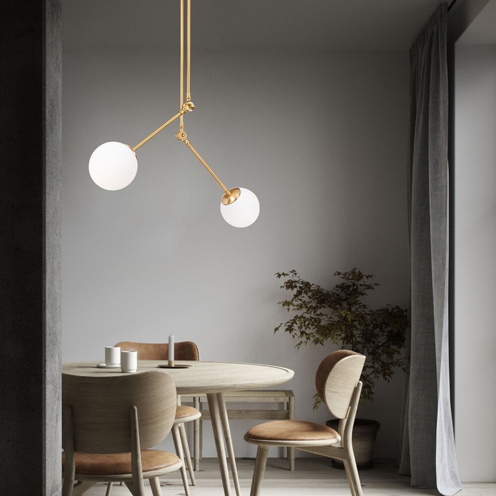 Candelabru modern elegant, alb-auriu, 100 x 15 cm | Corp metalic, abajur din sticlă, înălțime: 110 cm | 2 x soclu E27, IP20 | Perfect pentru decor glam și scandinav, include instrucțiuni de instalare