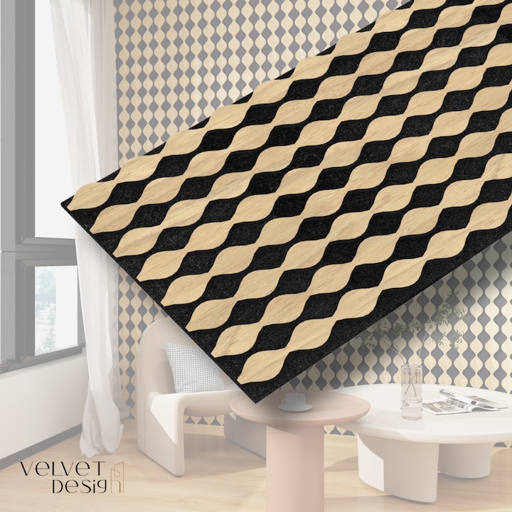 Riflaj decorativ Armonico Line, panou acustic din lamele MDF cu furnir natural si fetru PET, efect 3D, culoare Stejar Royal, 2400 x 600 x 18 mm, 1.44 mp suprafata acoperita, atenuare zgomot 80% (NRC 0.8), Velvet Design