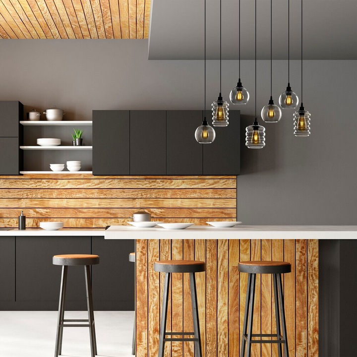 Елегантен носталгичен полилей, чугунено тяло, с опушени стъклени капачки, регулируема височина 120 см, 83 x 35 см | 7 x E27 Max 40W | Скандинавски дизайн за модерни жилищни пространства, стилно и функционално осветление