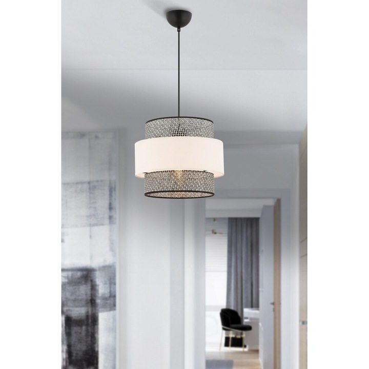 Candelabru metalic elegant, gri și alb, înălțime 65 cm | Certificat CE, soclu E27 (max. 60 W) | Abajur elegant din material textil (30x30 cm) pentru spații moderne