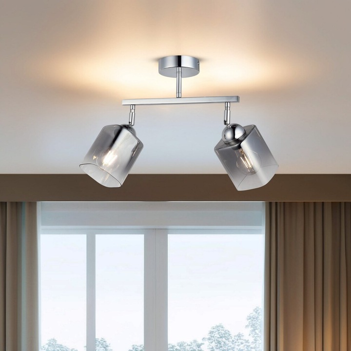 Candelabru elegant cromat, corp metalic, abajur din sticlă Ø10 cm, înălțime 30 cm, 2 dulii E27 (max. 40 W)