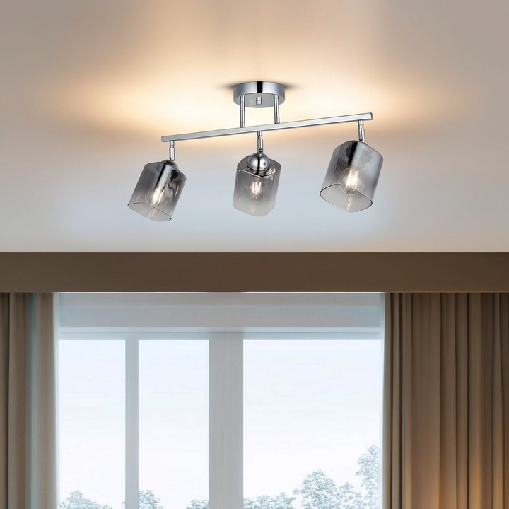 Candelabru elegant cromat, corp metalic, abajur din sticlă Ø10 cm, înălțime 31 cm, 3 dulii E27 (max. 40 W)