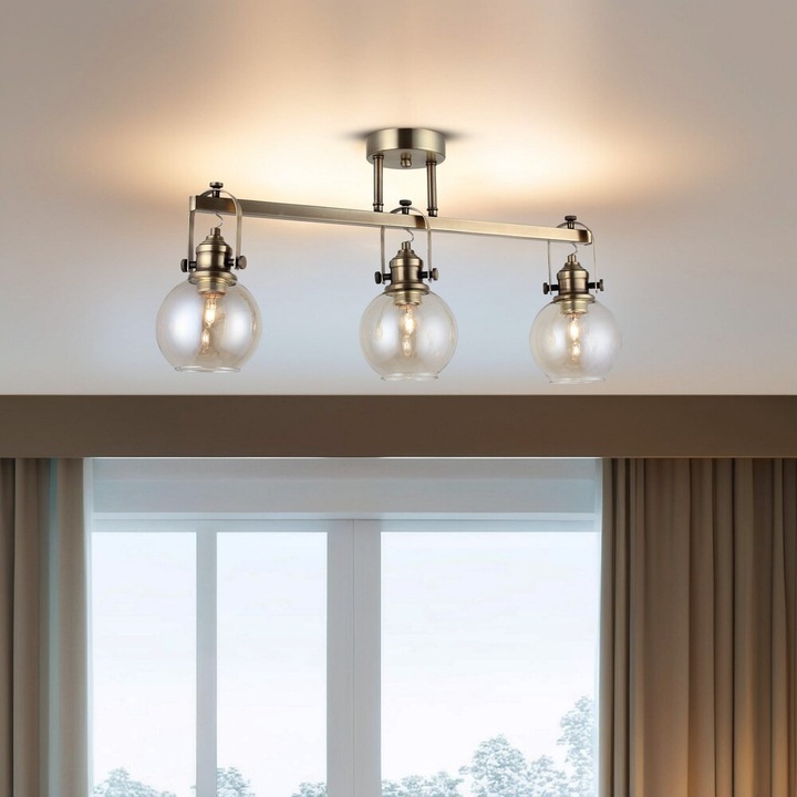 Candelabru metalic antic, abajur din sticlă Ø14 cm, înălțime 35 cm | 3 dulii E27, max. 40W | Iluminat elegant pentru acasă și la birou, design stilat