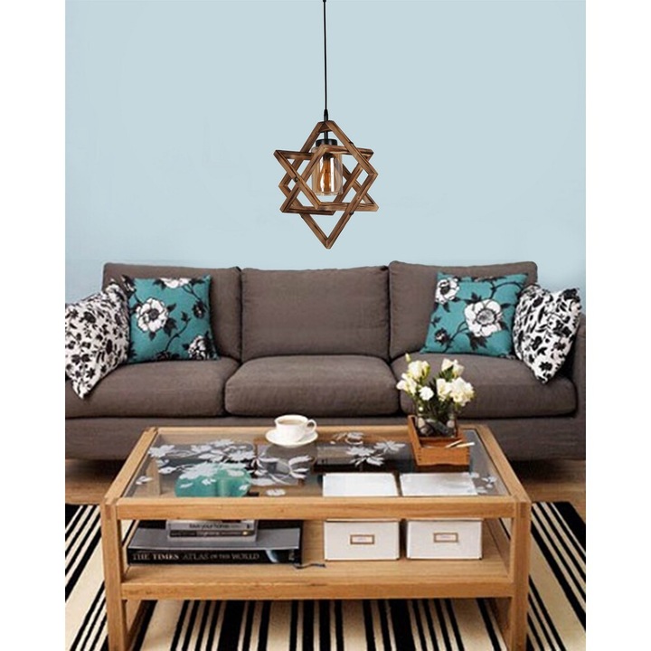 Candelabru rustic din lemn, diametru 43 cm, înălțime 80 cm, Reglabil, cadru metalic, abajur din sticlă, Soclu E27, max 40W, maro