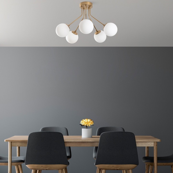 Candelabru elegant auriu, corp metalic, diametru 62 cm, înălțime 40 cm | 5 x soclu E14, nereglabil | Perfect pentru living și sufragerie, design elegant