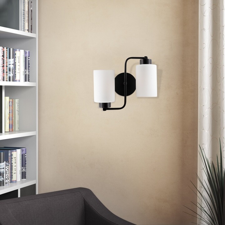 Модерна индустриална стенна лампа, черен метален корпус, диаметър 32 см, височина 28 см | Стъклена капачка, фасунга E27 (макс. 40 W) | Стилен скандинавски дизайн за дома и офиса, клас IP20, елегантна и функционална