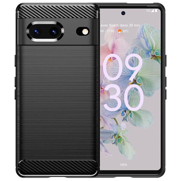 Husa de protectie pentru Google Pixel 7, Carbon Shield, Suprafata aderenta, Spate mat, Anti-amprenta, Finisaj tip fibra, Margini usor ridicate, Flexibila, Confortabila, Design premium, Antisoc, Slim fit, Negru