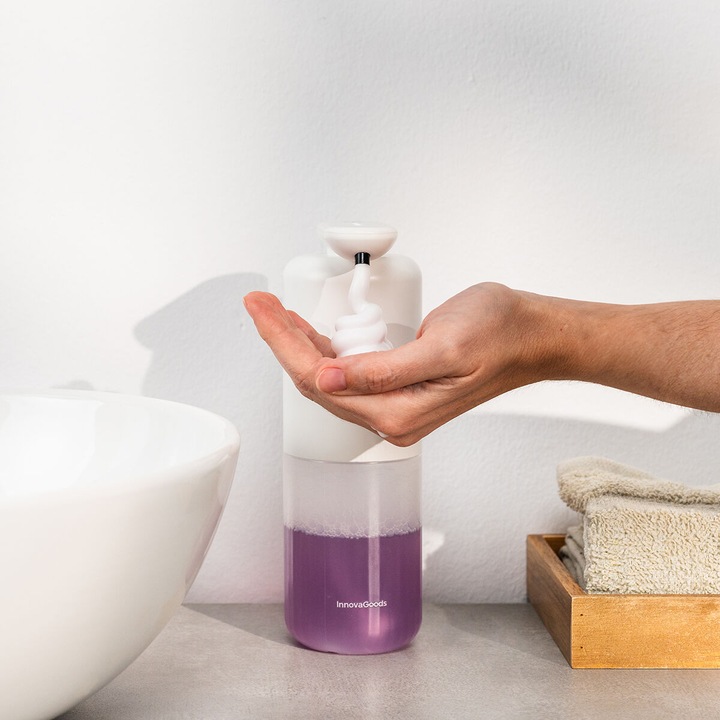 Automata habszappan adagoló, 350 ml, fehér, érintésmentes érzékelővel, USB-C tölthető