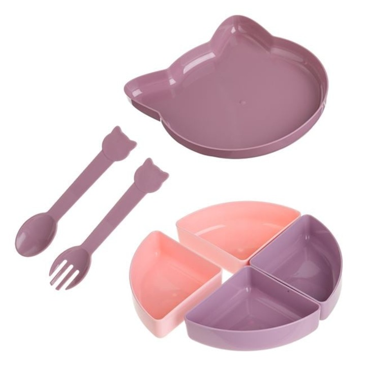 7 darabos gyermek étkészlet macska alakú tányérral, rekeszes tálakkal, villával és kanállal, rózsaszín-lila színekben