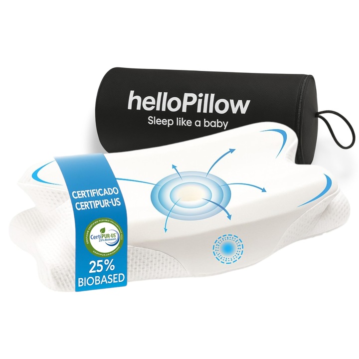 Hellopillow - Memóriahabos nyak- és vállpárna, ortopédiai párna, ergonomikus párna oldalfekvéshez és felfelé fekvéshez, 60 x 35 x 8/12 cm, fehér