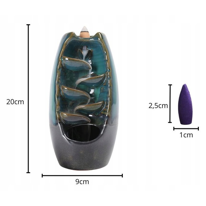 Arzator de tamaie pentru aromaterapie, efect cascada, verde/grafit, 20x9cm, set cu 10 conuri de tamaie